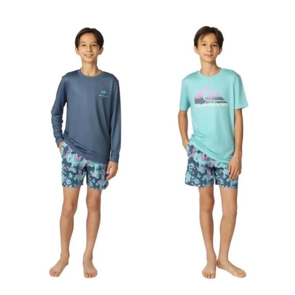 NWT Quiksilver Boys 3-Piece Swim Set‎ Rash Guards & Trunk Shorts UPF 50 Sz 7/8